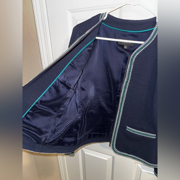 Talbots Braided Trim Zip Jacket Blazer Pockets Navy Green White Size 10 - Picture 9 of 11